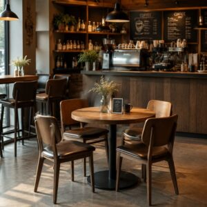 Custom cafe furniture with round table and wooden chairs