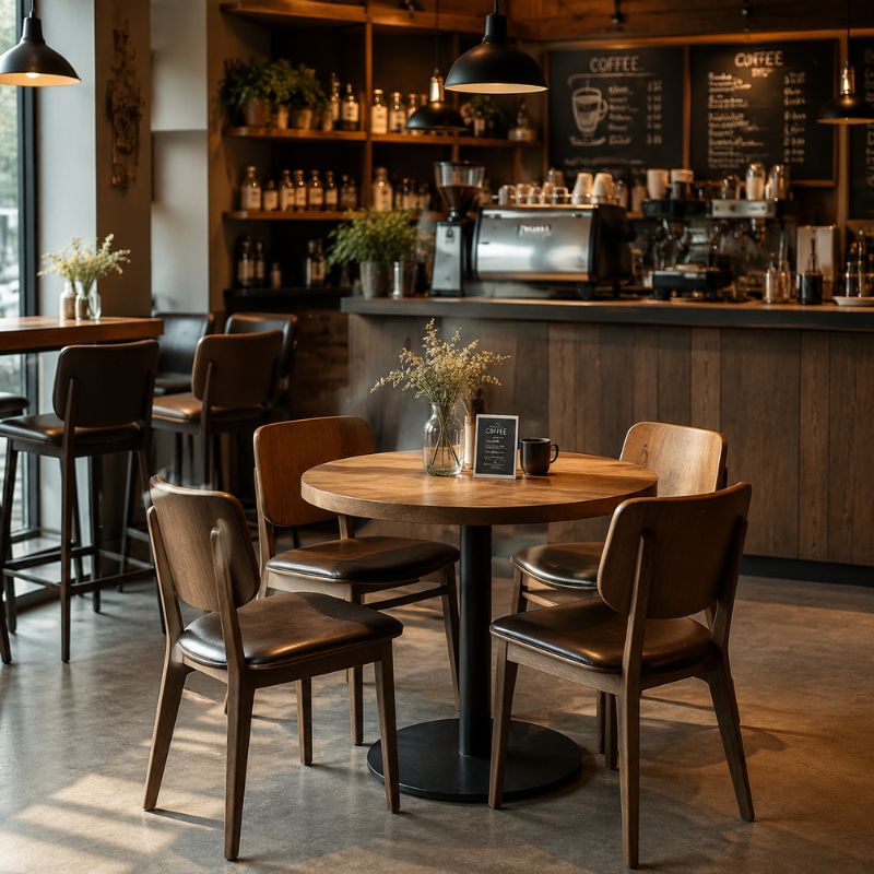 Custom cafe furniture with round table and wooden chairs
