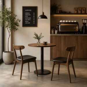 Solid wood cafe dining chair with brown leather seat in modern coffee shop next to round bistro table