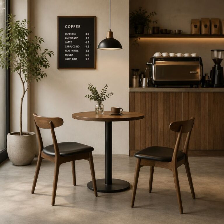 Solid wood cafe dining chair with brown leather seat in modern coffee shop next to round bistro table