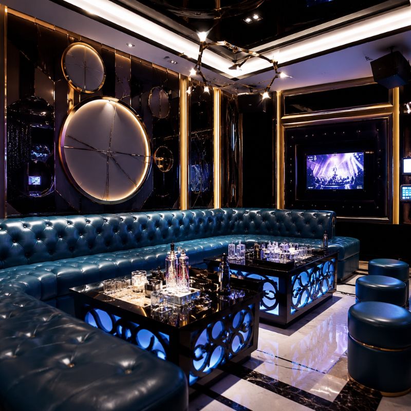 Blue leather banquette booth seating with gold LED marble coffee tables