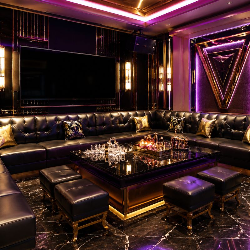 Custom KTV booth sofa set with leather ottomans and LED tables
