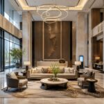 Custom hotel lobby furniture with sofa, chairs and round coffee table