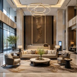 Custom hotel lobby furniture with sofa, chairs and round coffee table