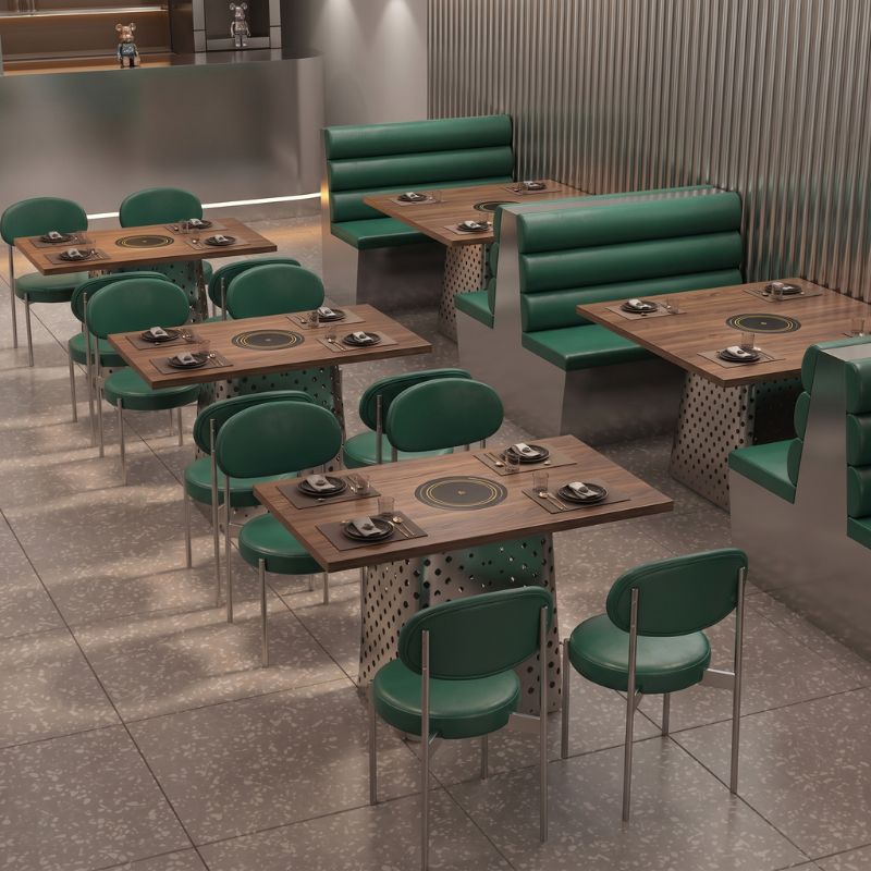 Hot pot table with green booth seating and dining chairs for restaurants