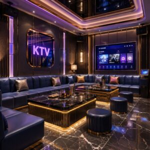 Blue leather karaoke sofa in modern KTV room with L-shape booth seating, marble LED coffee table and ottomans