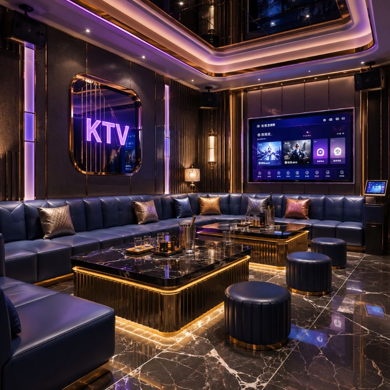 Blue leather karaoke sofa in modern KTV room with L-shape booth seating, marble LED coffee table and ottomans