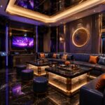 U-shape nightclub karaoke booth sofa with gold LED coffee tables, leather seating and lounge ottomans in luxury VIP room