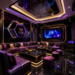 Purple velvet U-shape karaoke sofa set in luxury VIP karaoke lounge with marble LED table and gold trim