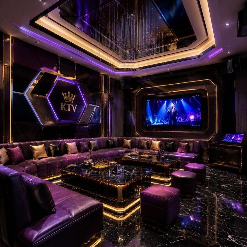 Purple velvet U-shape karaoke sofa set in luxury VIP karaoke lounge with marble LED table and gold trim