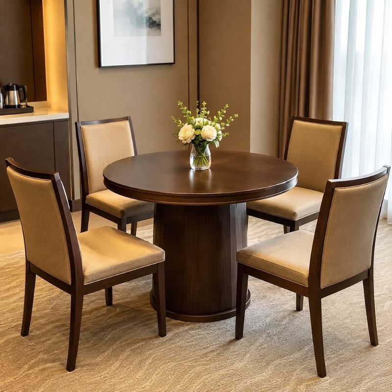 Round table hotel furniture set with four upholstered chairs