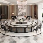 Marble round dining table with decorative base for banquet hall